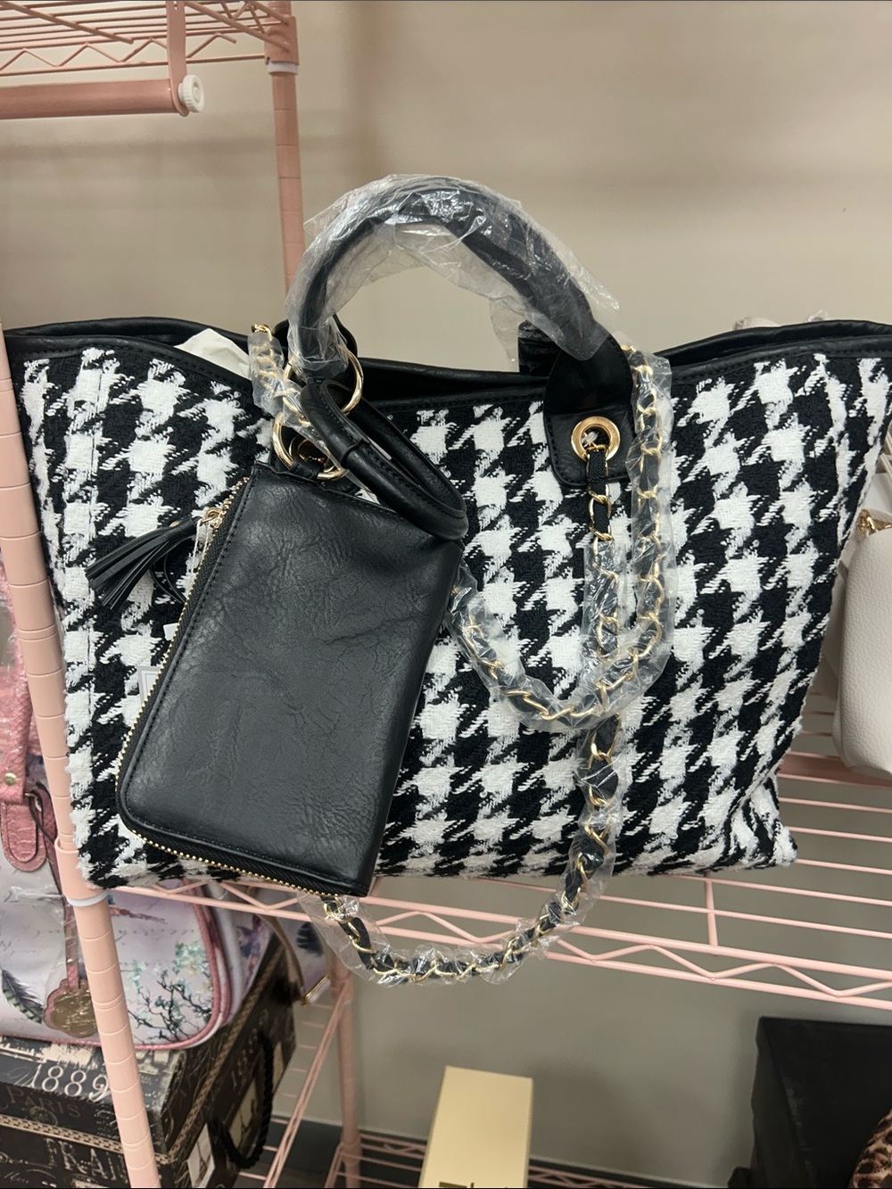 Black & White Houndstooth Tote Bag with Black Wallet wristlet